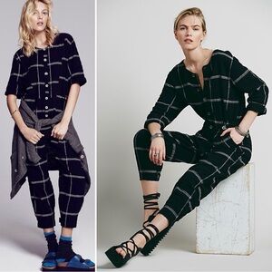 Free People Keep It In Cheek Jumpsuit Women's XS Black Plaid Button Front